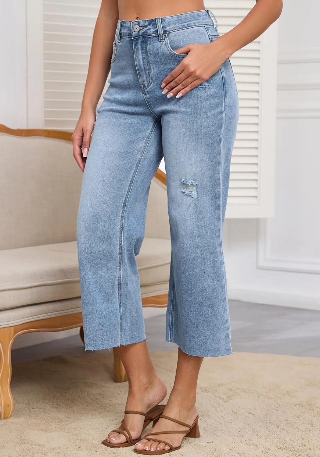 Women's Wide Leg Jeans High Waist Straight Leg Stretchy Ripped Jeans for Womens
