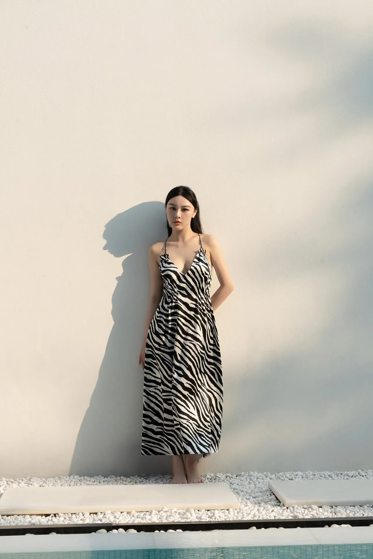 Zebra Print Open Back Silk Maxi Dress